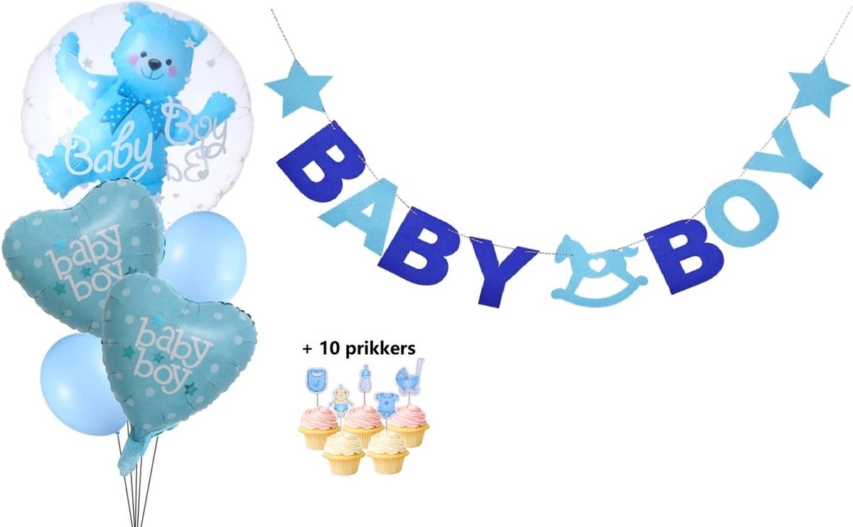 Babyshower Versiering Jongen - Blauw| Set Slinger, Folieballonnen, ballonnen, prikkers - Babyshower Decoratie- Baby Boy